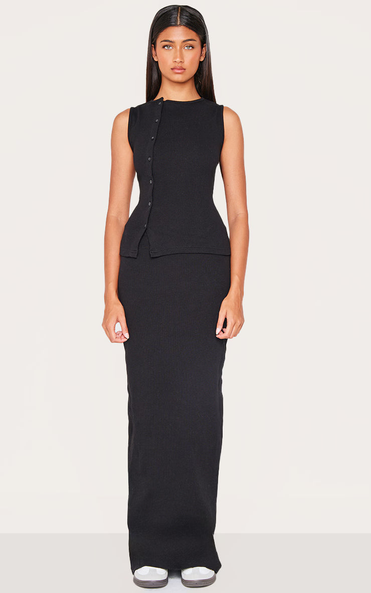 Black Ribbed Asymmetric Button Up Vest Top