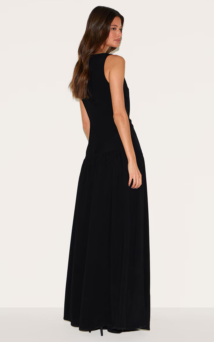 Black Woven Button Dropped Waist Maxi Dress