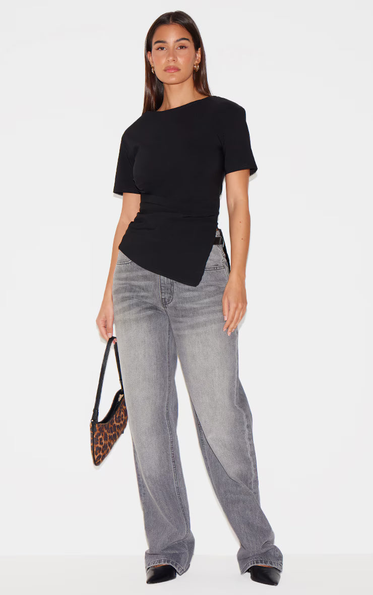 Black Bengaline Ruched Asymmetric Detail Long Top