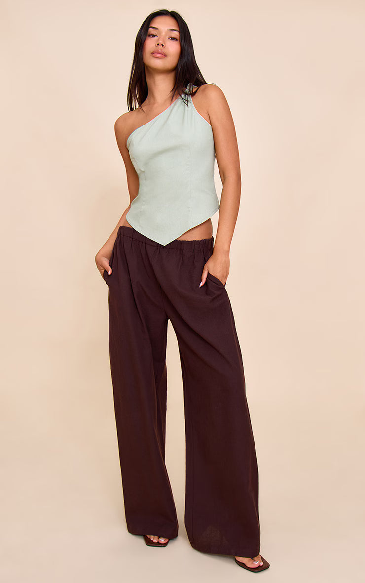 Sage Linen Look Neck Detail Long Top