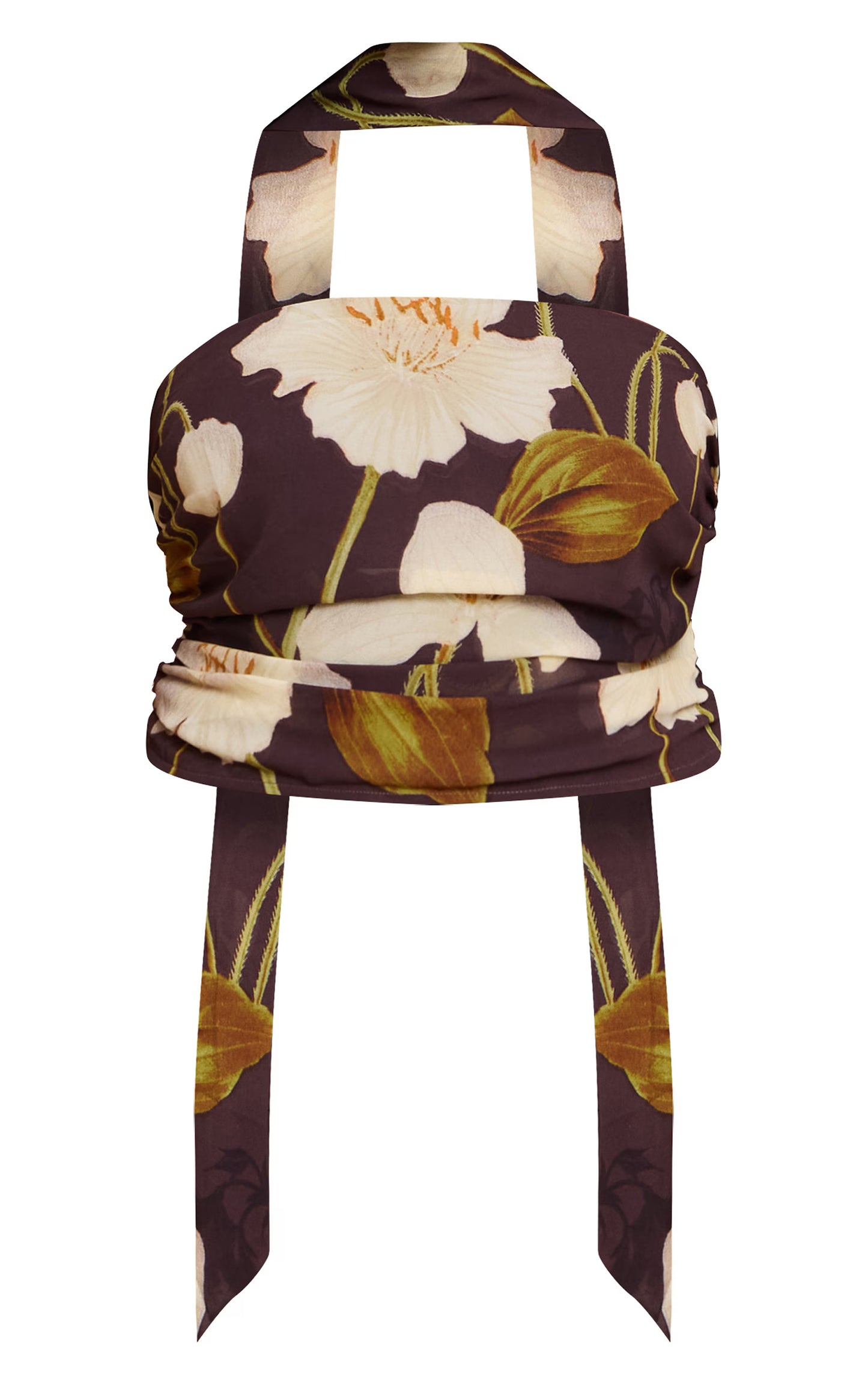 Plus Dark Chocolate Floral Printed Chiffon Scarf Detail Ruched Bandeau Top