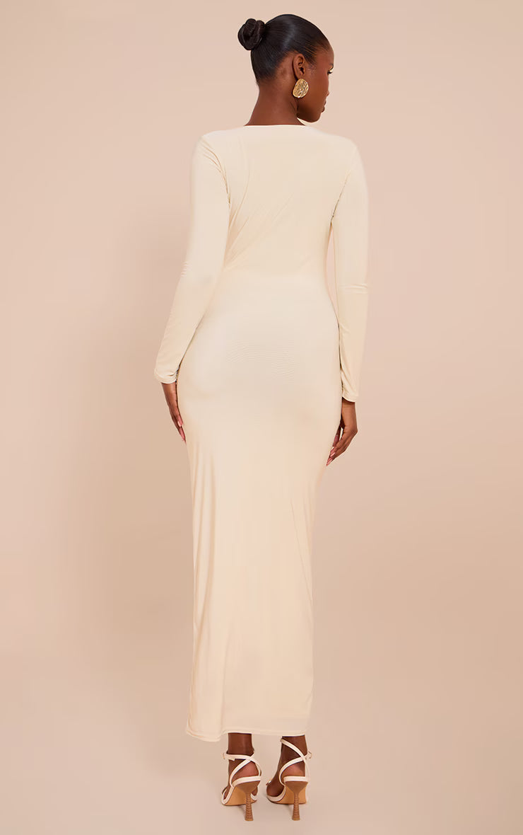 Cream Double Layer Slinky Cut Out Trim Detail Maxi Dress