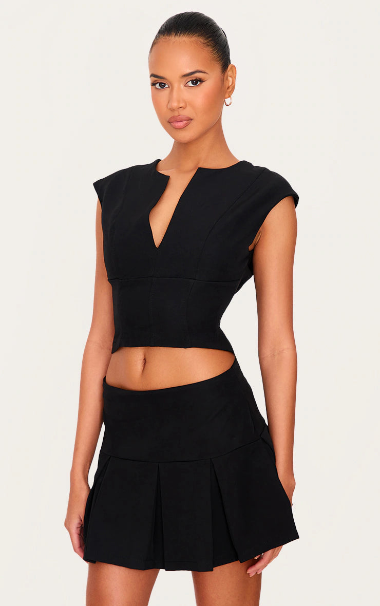 Black Tailored Woven Low Rise Pleated Micro Mini Skirt