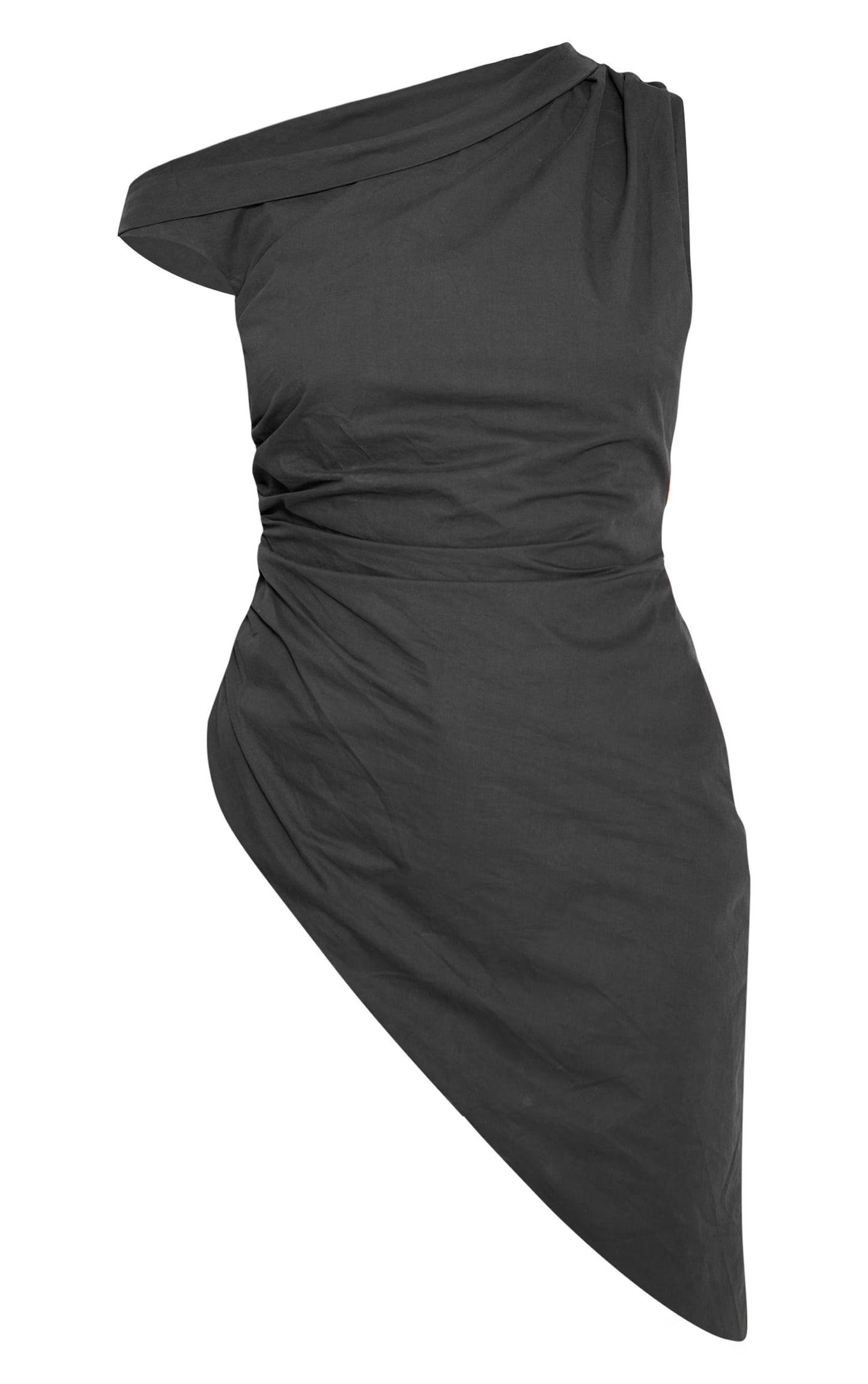 Charcoal Cotton One Shoulder Ruched Extreme Asymmetric Hem Top