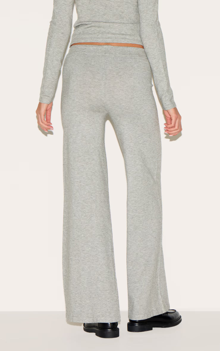 Ash Grey Soft Knit Drawstring Waist Wide Leg Pants