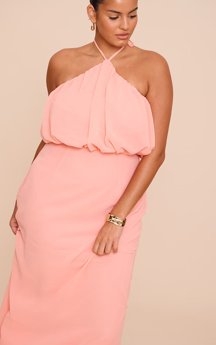 Plus Peach Chiffon Halter Neck Maxi Dress