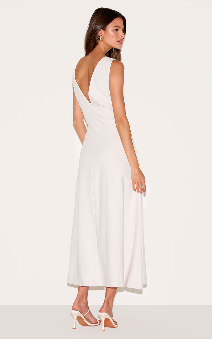 Cream Tailored Woven Plunge Button Down Midi Dress