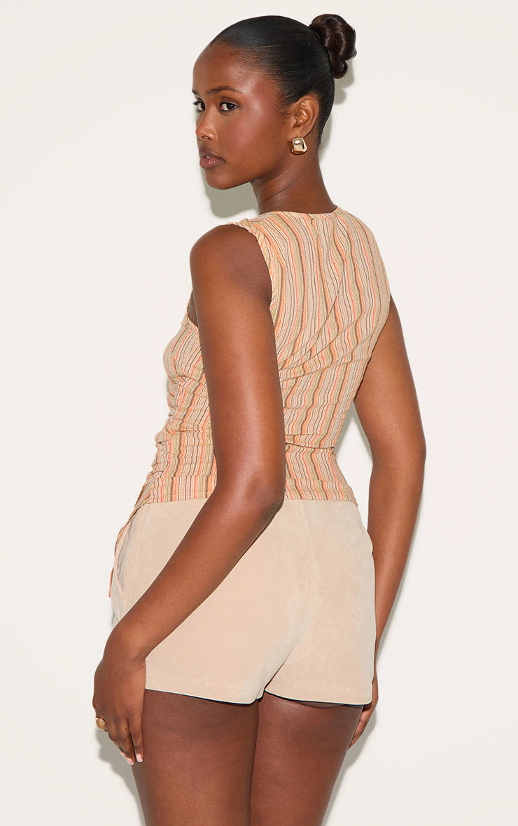 Orange Linen Look Striped Ruched Wrap Front Top