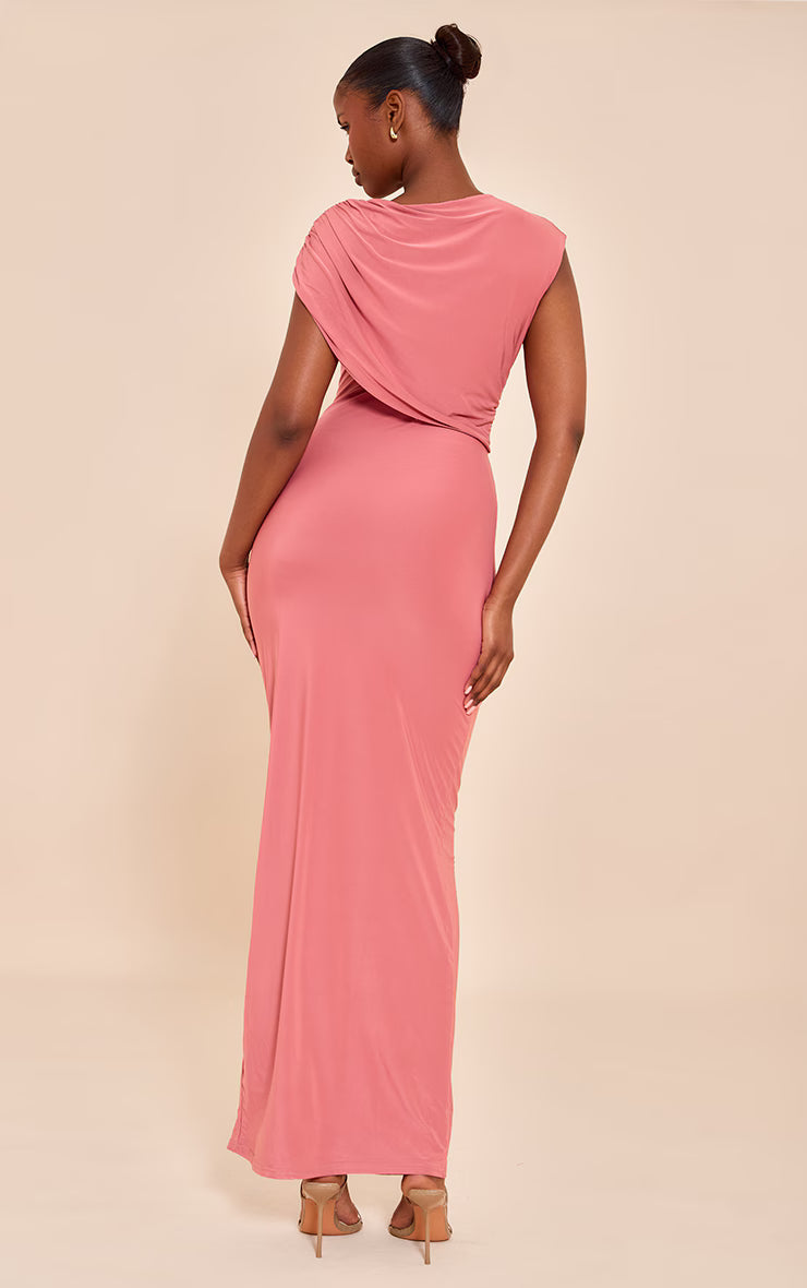 Dusty Pink Double Layer Slinky Off Shoulder Drape Maxi Dress