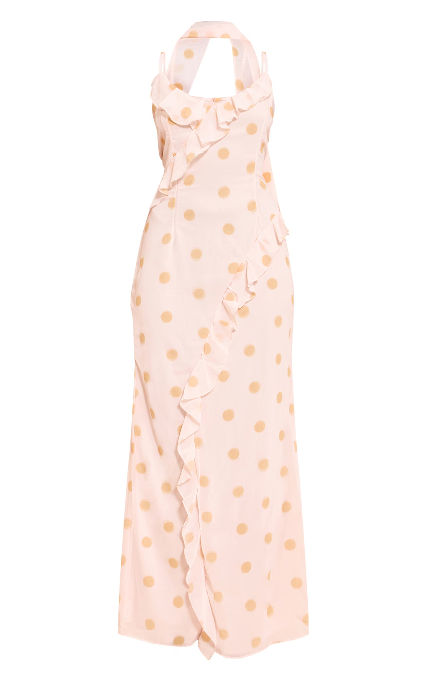 Lemon Polka Dot Printed Chiffon Frill Details Strappy Maxi Dress