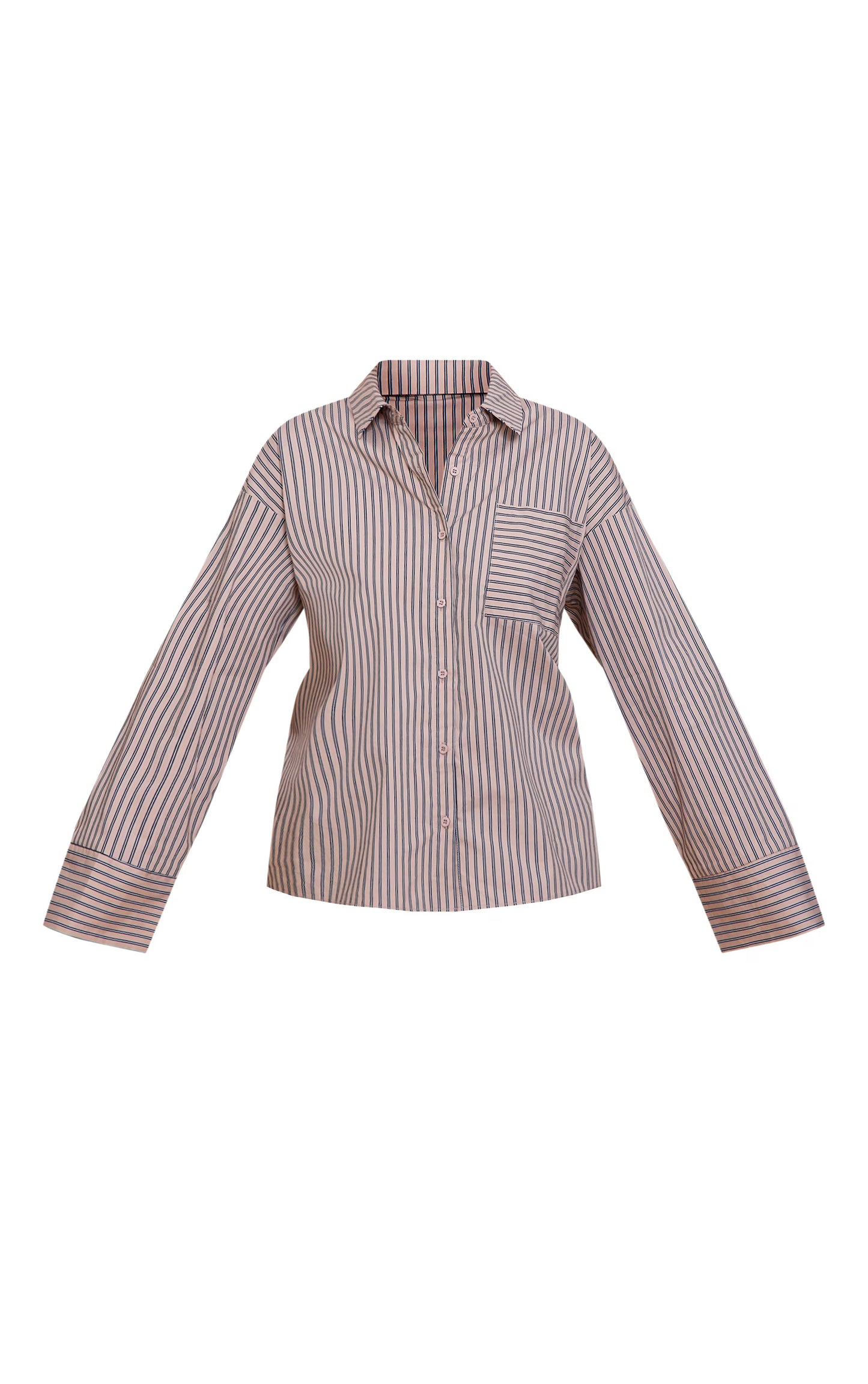 Stone Woven Pinstripe Balloon Sleeve Oversized Shirt
