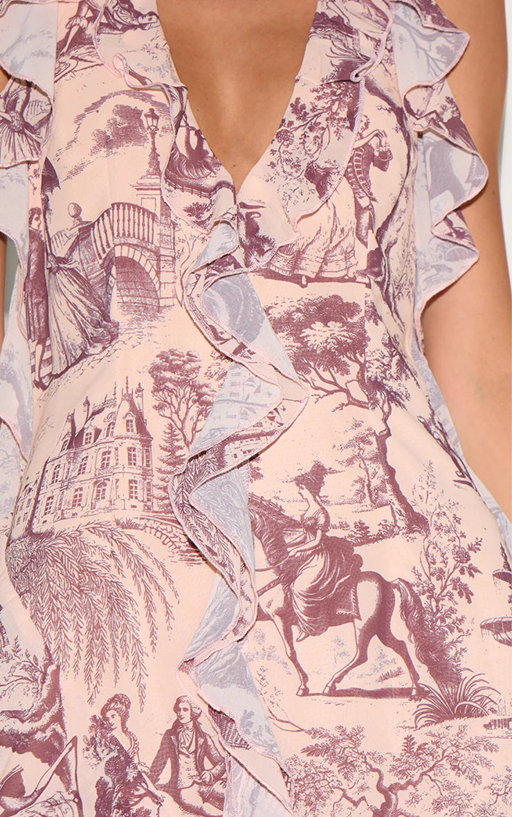 Stone Chiffon Print Frill Detail Plunge Midaxi Dress