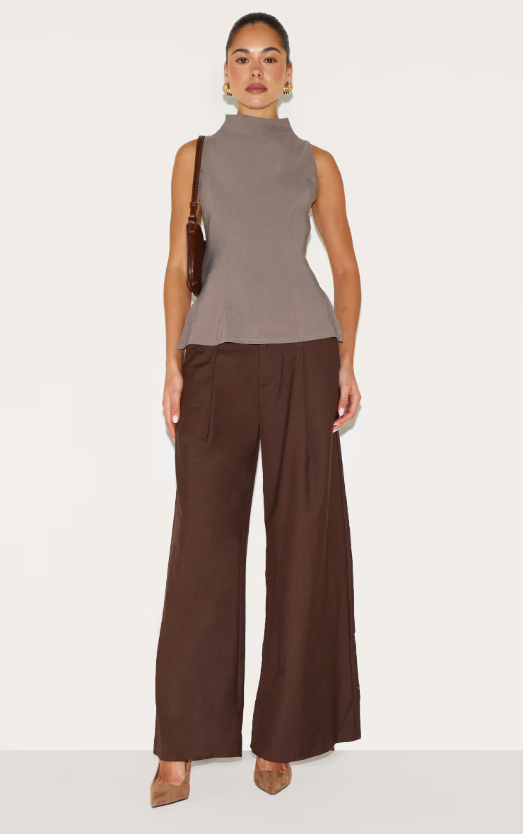 Mushroom Bengaline High Neck Waist Detail Long Top