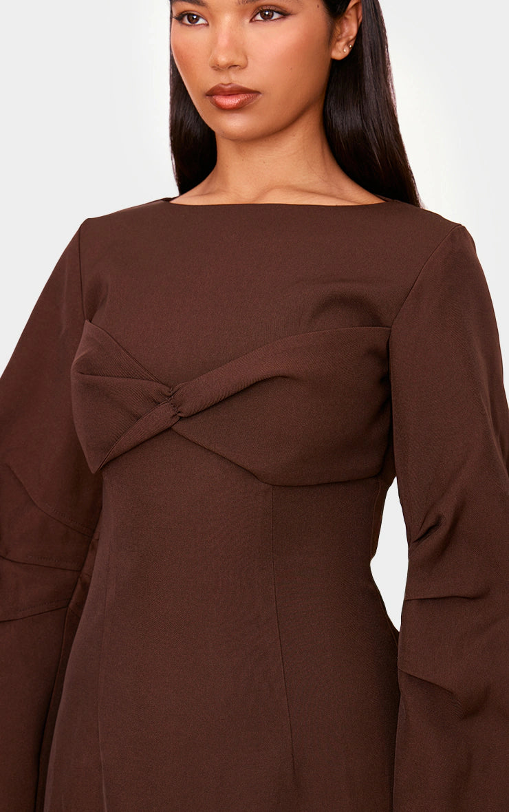Chocolate Woven Twist Detail Balloon Sleeve Dress