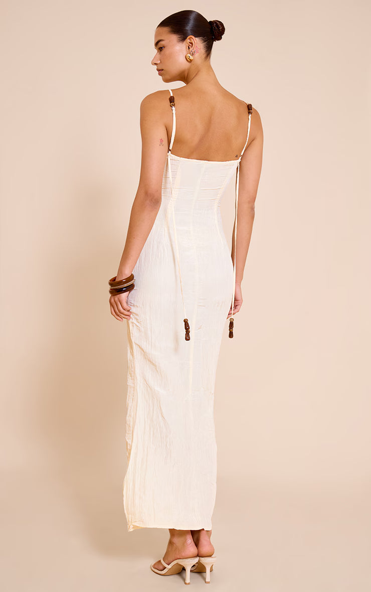 Natural Textured Beaded Detail Strappy Maxi Dress