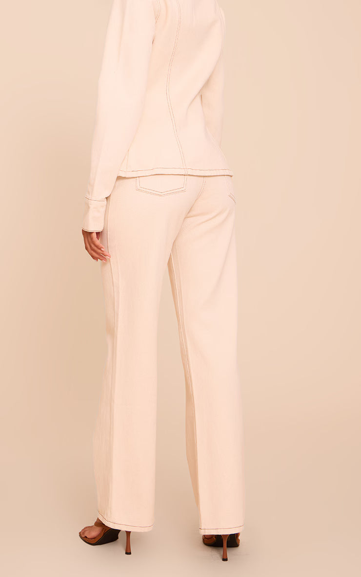 Ecru Linen Look Denim Mid Waist Straight Leg Jeans
