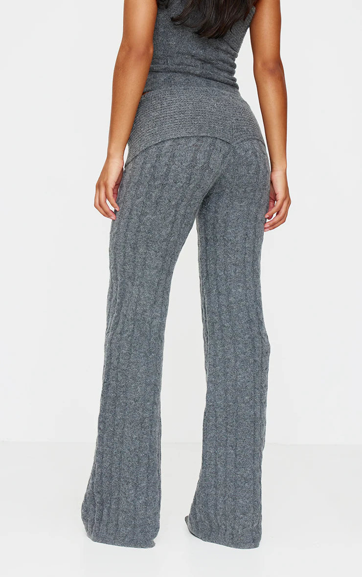 Charcoal Marl Textured Knit Foldover Wide Leg Pants