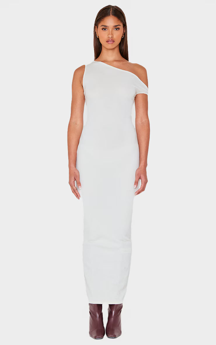 Cream Ribbed Asymmetric Sleeveless Maxi Dress
