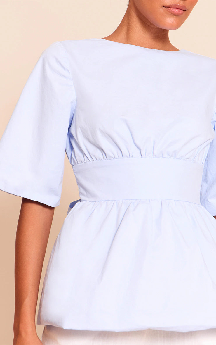 Sky Blue Cotton Short Sleeve Tie Back Blouse