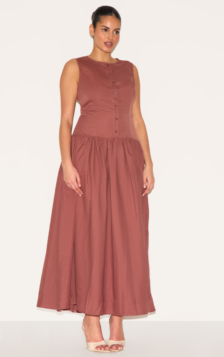 Plus Brown Button Down Drop Waist Maxi Dress