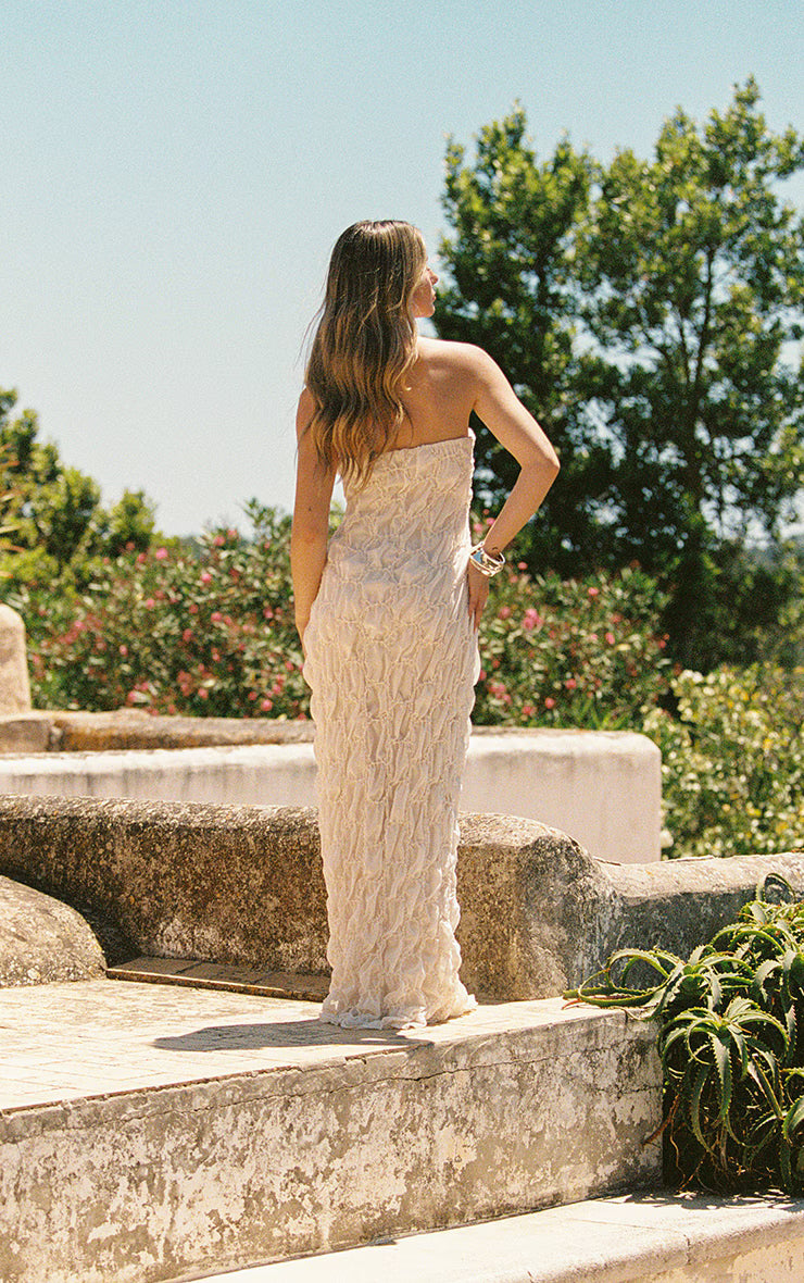 Cream Textured Lined Bandeau Maxi Dress