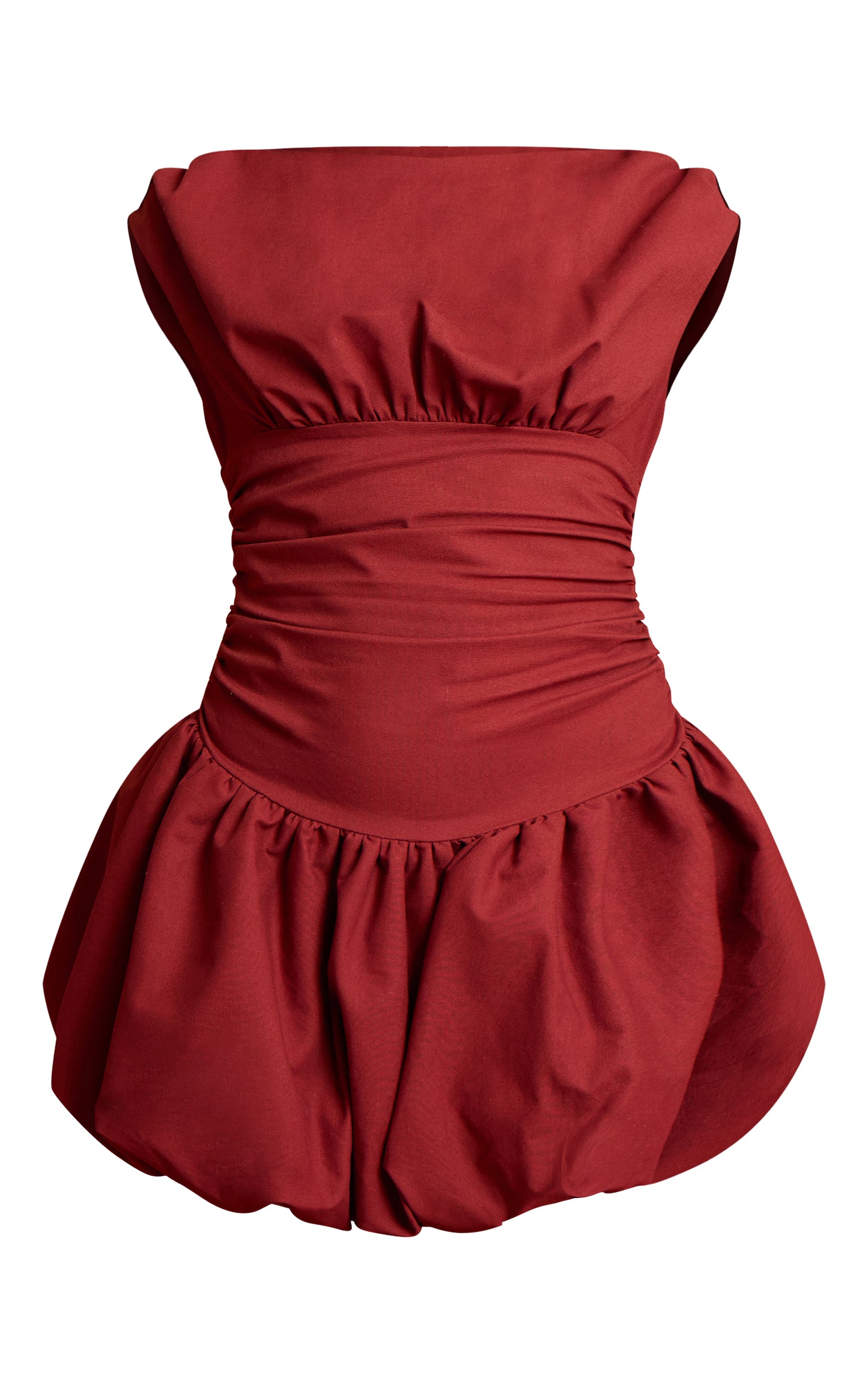 Deep Red Boat Neck Ruched Detail Puffball Dress