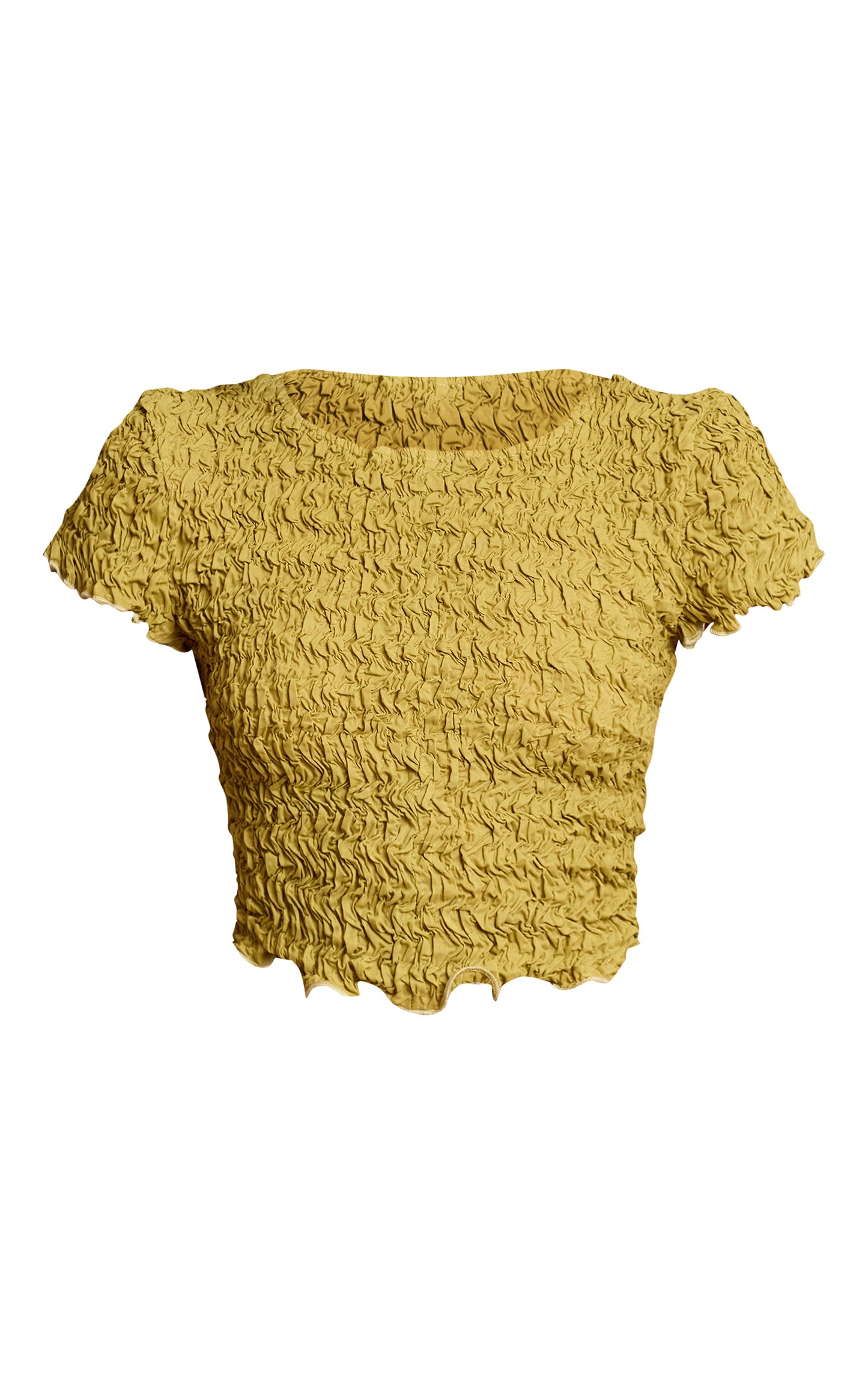Olive Crinkle Textured Jersey Crew Neck Top
