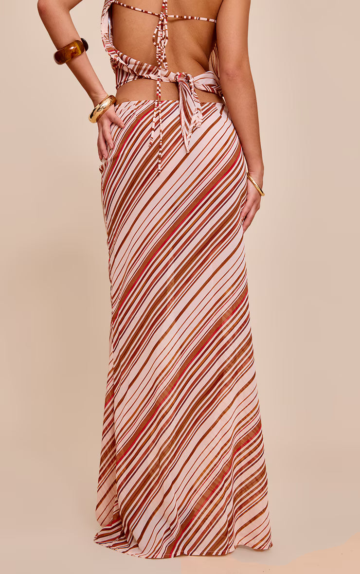 Rust Chiffon Striped Mid Rise Maxi Skirt