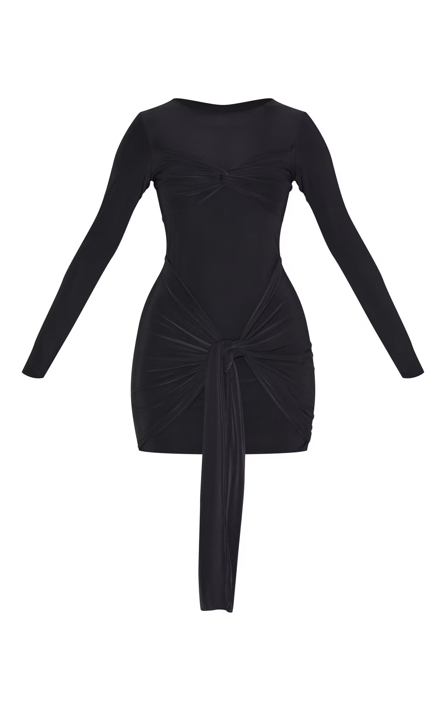 Black Slinky Long Sleeve Wrap Twist Detail Mini Dress