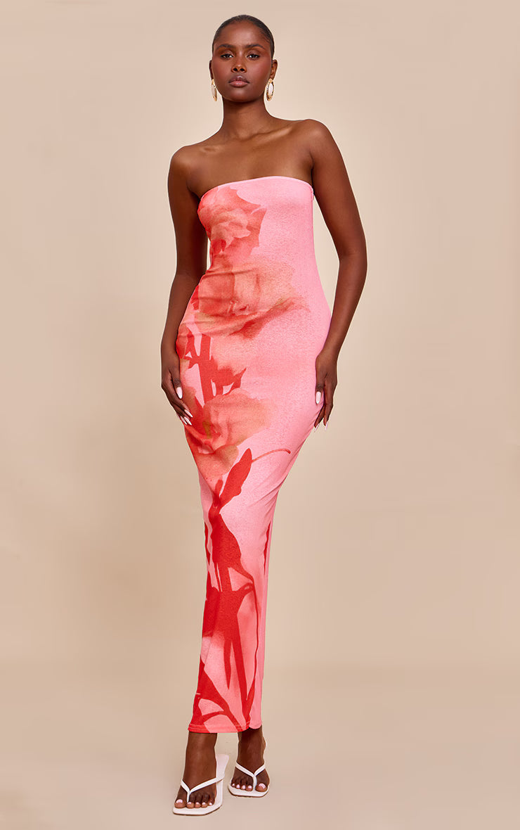 Pink Onion Skin Bandeau Floral Print Maxi Dress