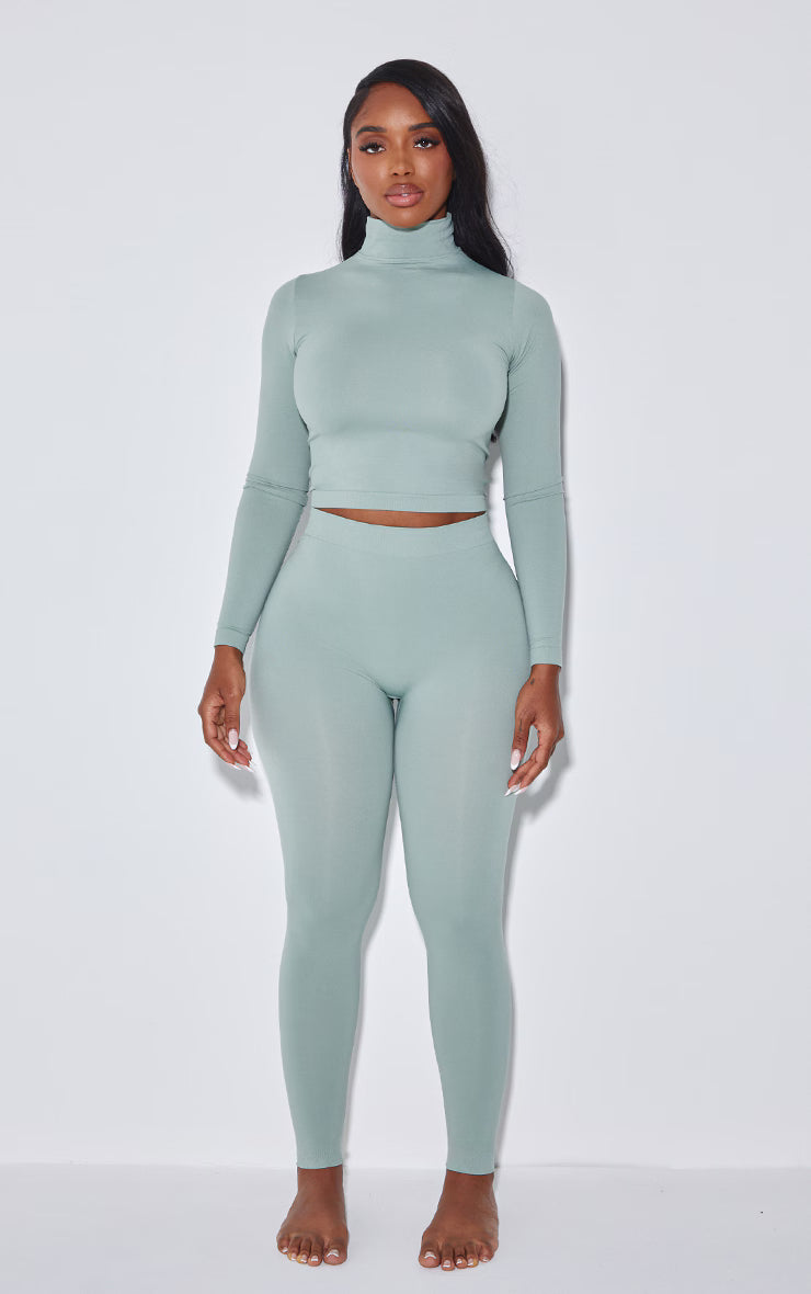 Shape Sage Green Stretch Seamless High Neck Long Sleeve Top