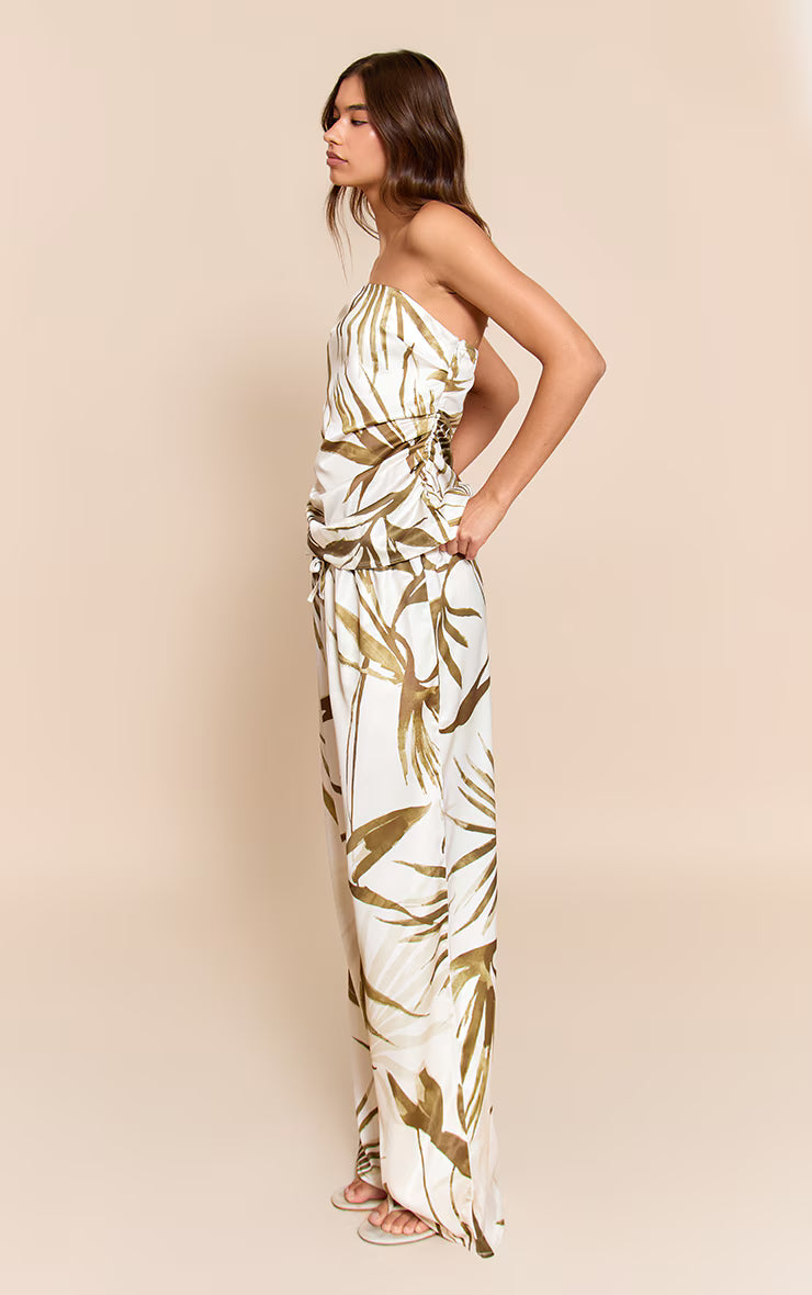 Green Leaf Print Satin Wide Leg Pants