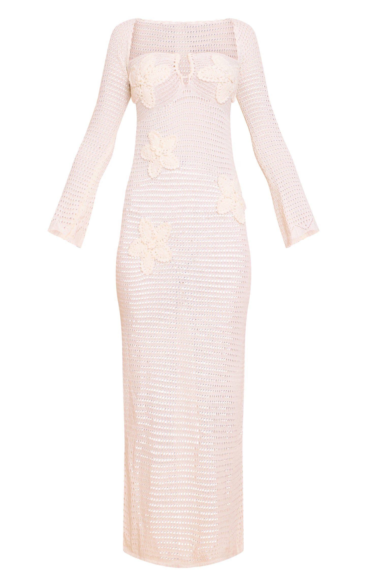 Ecru Flower Applique Long Sleeve Crochet Maxi Dress