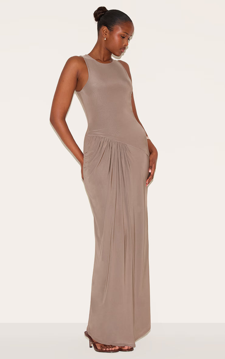 Mocha Double Layer Slinky Drop Waist Ruched Maxi Dress