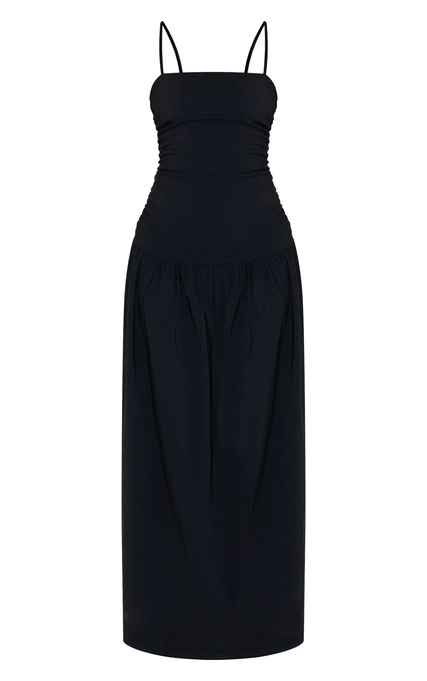 Black Stretch Woven Strappy Ruched Maxi Dress