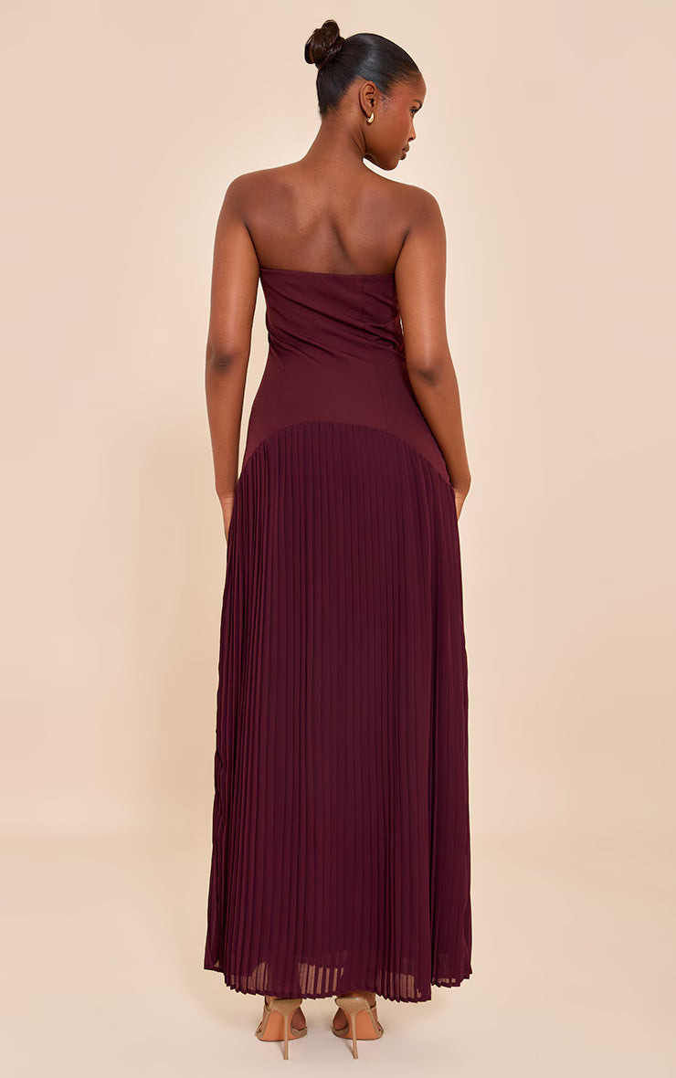 Plum Woven Bandeau Pleated Hem Detail Maxi Dress