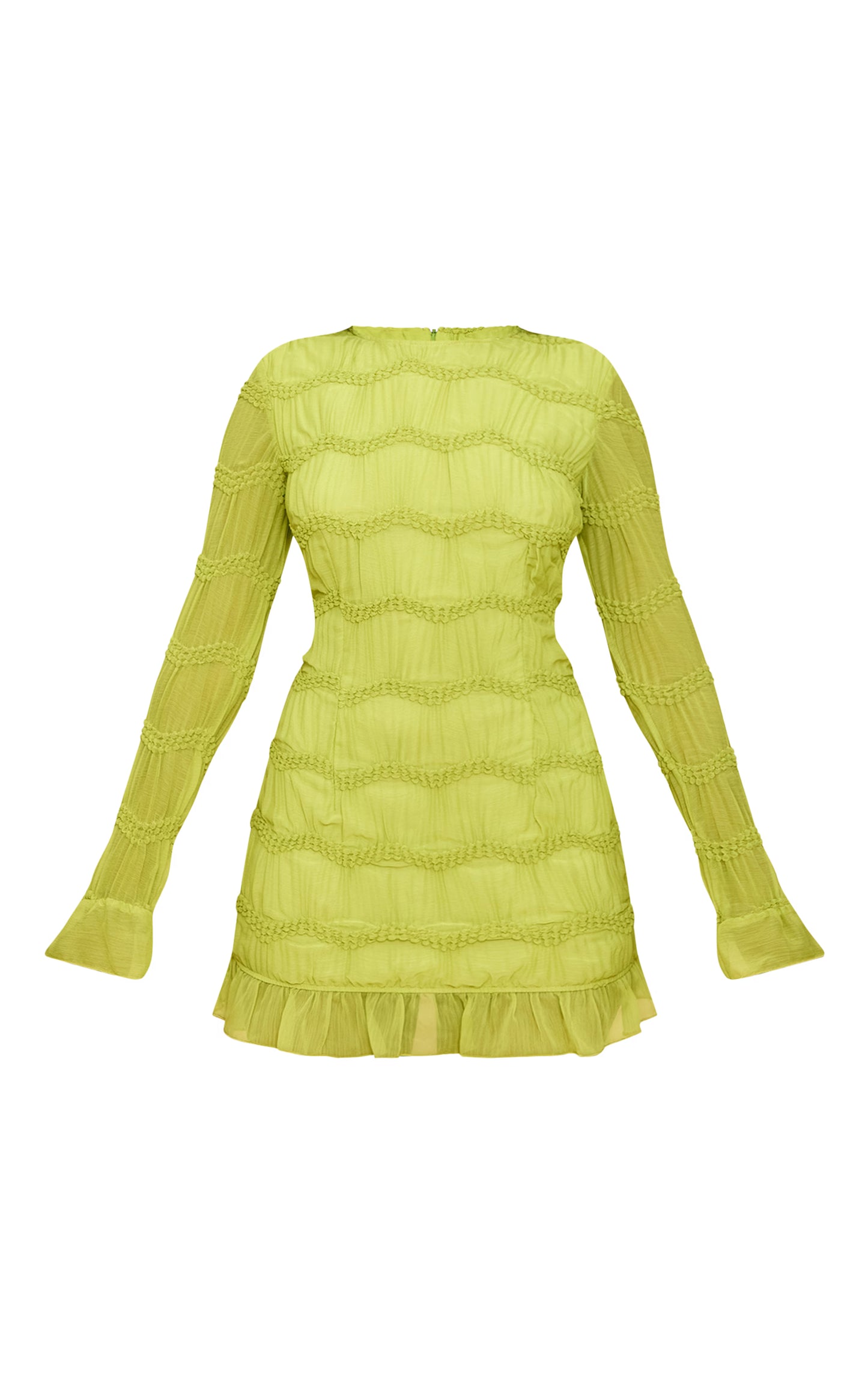 Lime Textured Long Sleeve Boat Neck Mini Dress