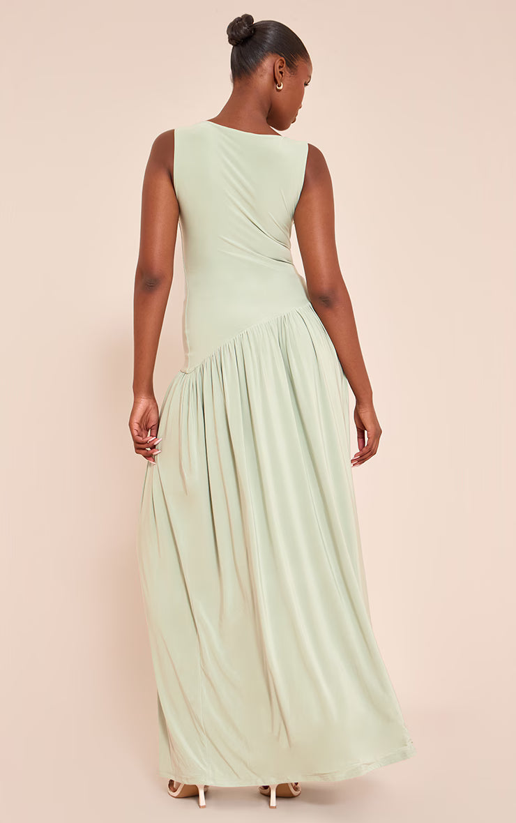 Sage Double Layer Soft Touch Asymmetric Dropped Waist Maxi Dress