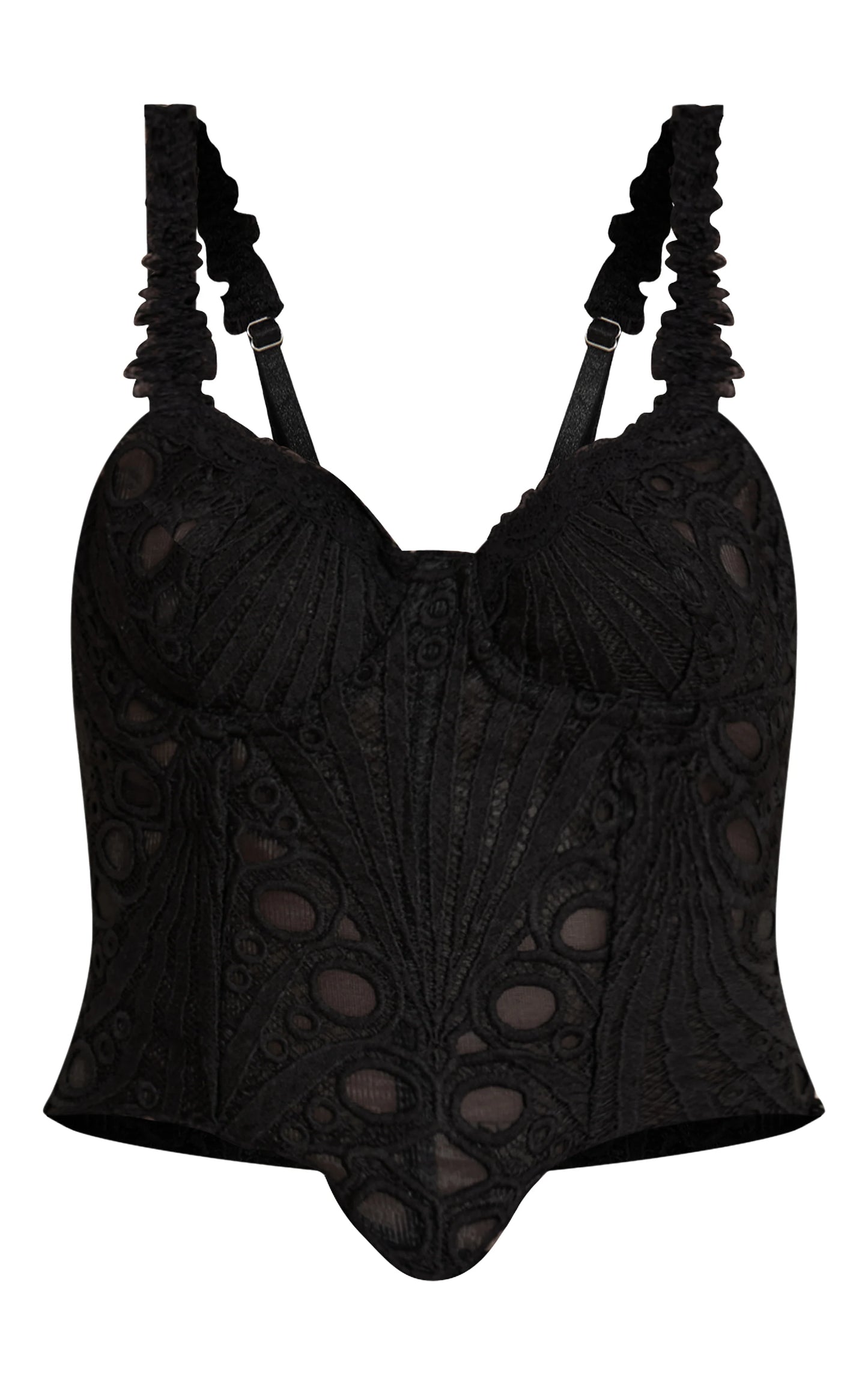 Black Strappy Textured Sheer Floral Lace Corset