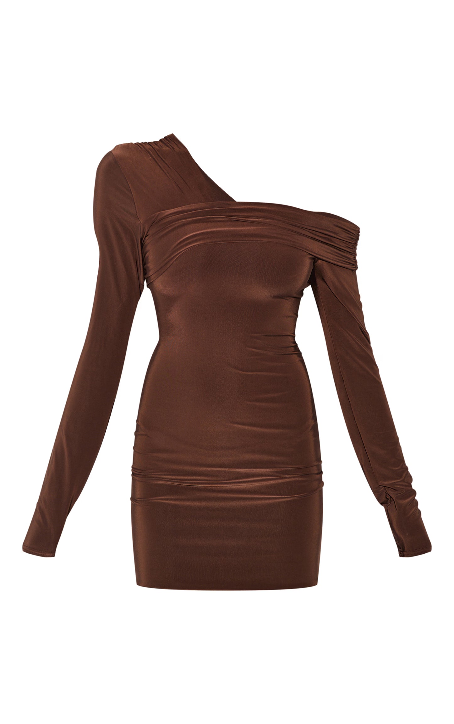 Dark Chocolate Double Layer Slinky Off Shoulder Mini Dress