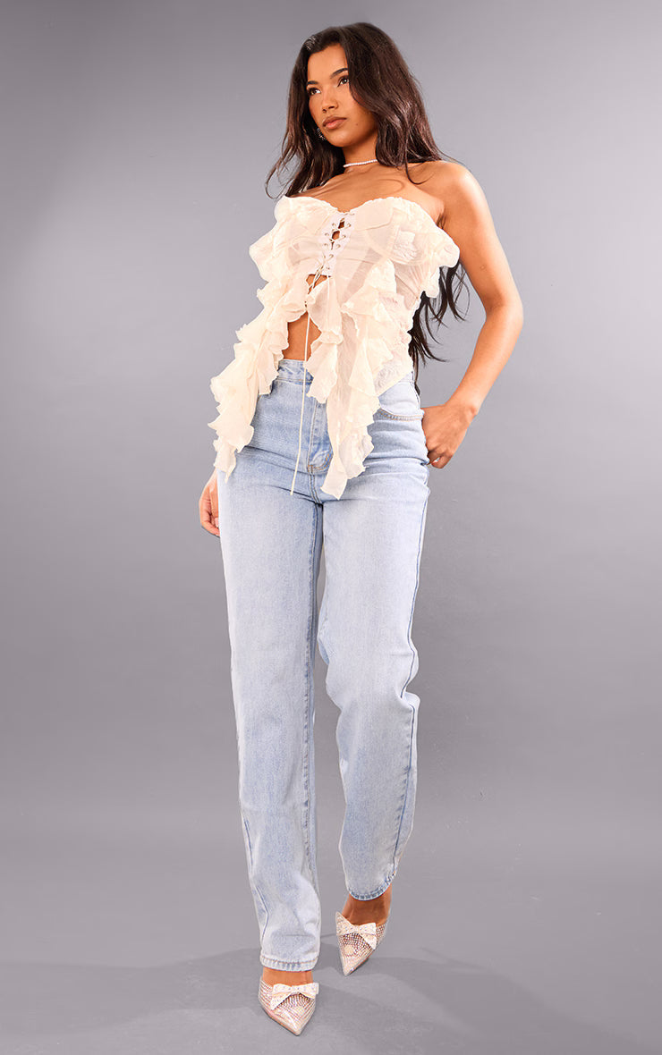 Cream Bandeau Chiffon Ruffle Lace Up Corset