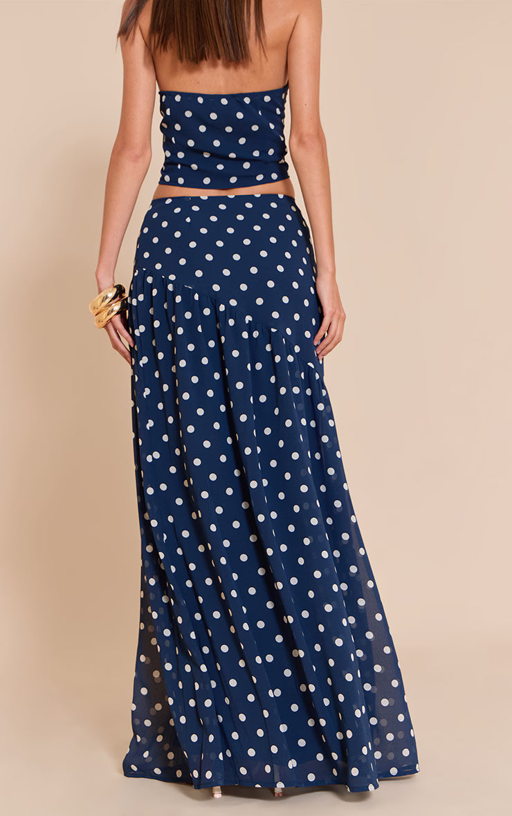 Navy Polka Dot Asymmetric Maxi Skirt