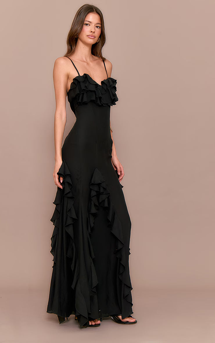 Black Frill Cup Detail Maxi Dress