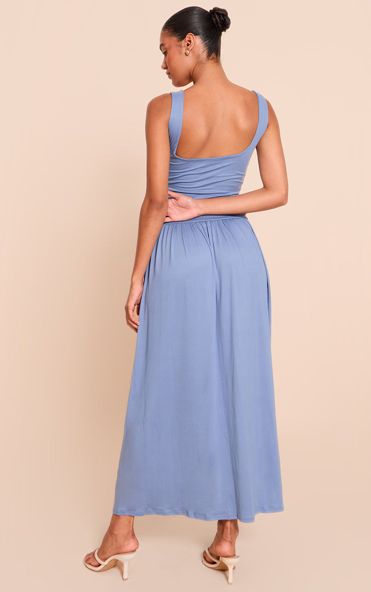 Blue Double Contour Scoop Neck Drop Waist Maxi Dress