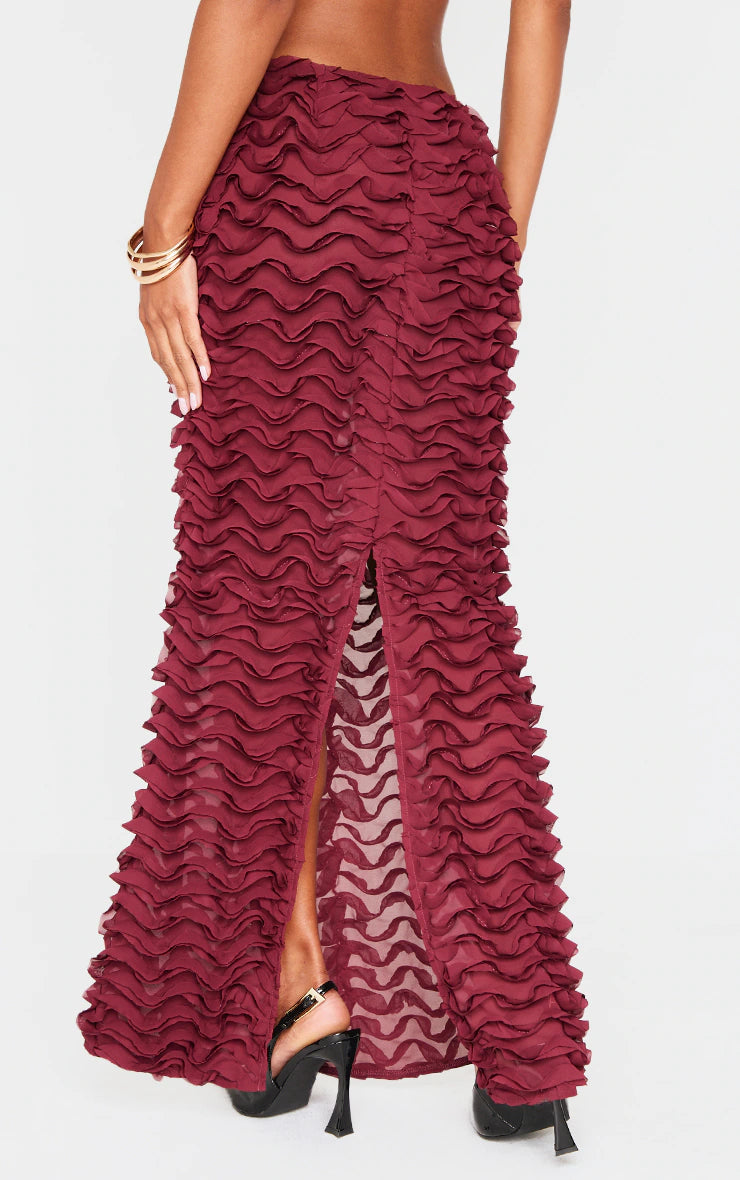 Burgundy Chiffon Ruffle Low Rise Maxi Skirt