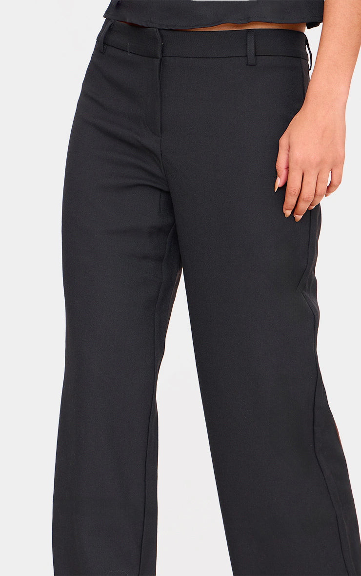 Black Woven Tailored Wide Leg Belt Detail Pants