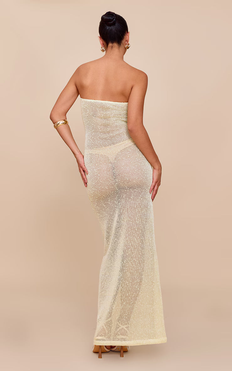 Pale Lime Sequin Sheer Bandeau Maxi Dress