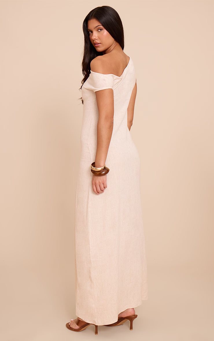 Natural Textured Woven Asymmetric One Shoulder Maxi Dress