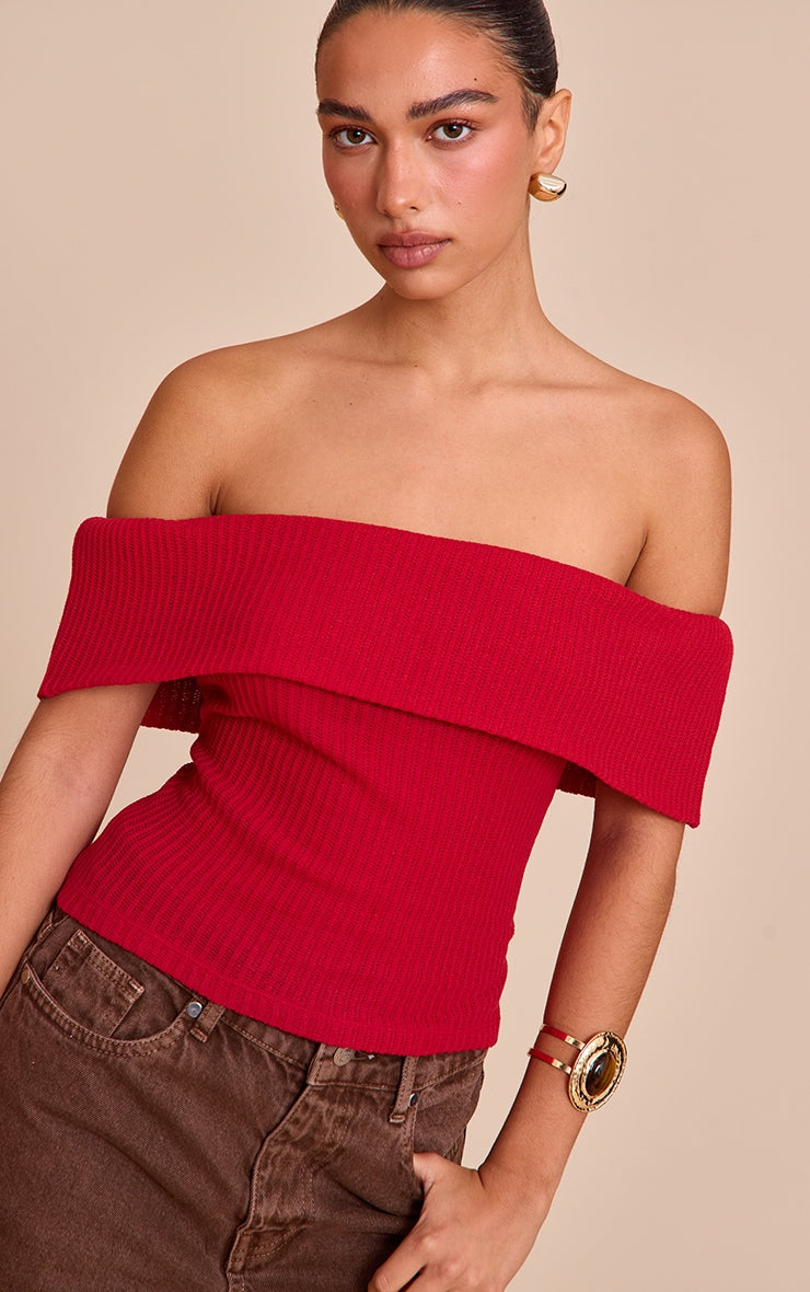 Red Textured Fold Over Detail Bardot Top