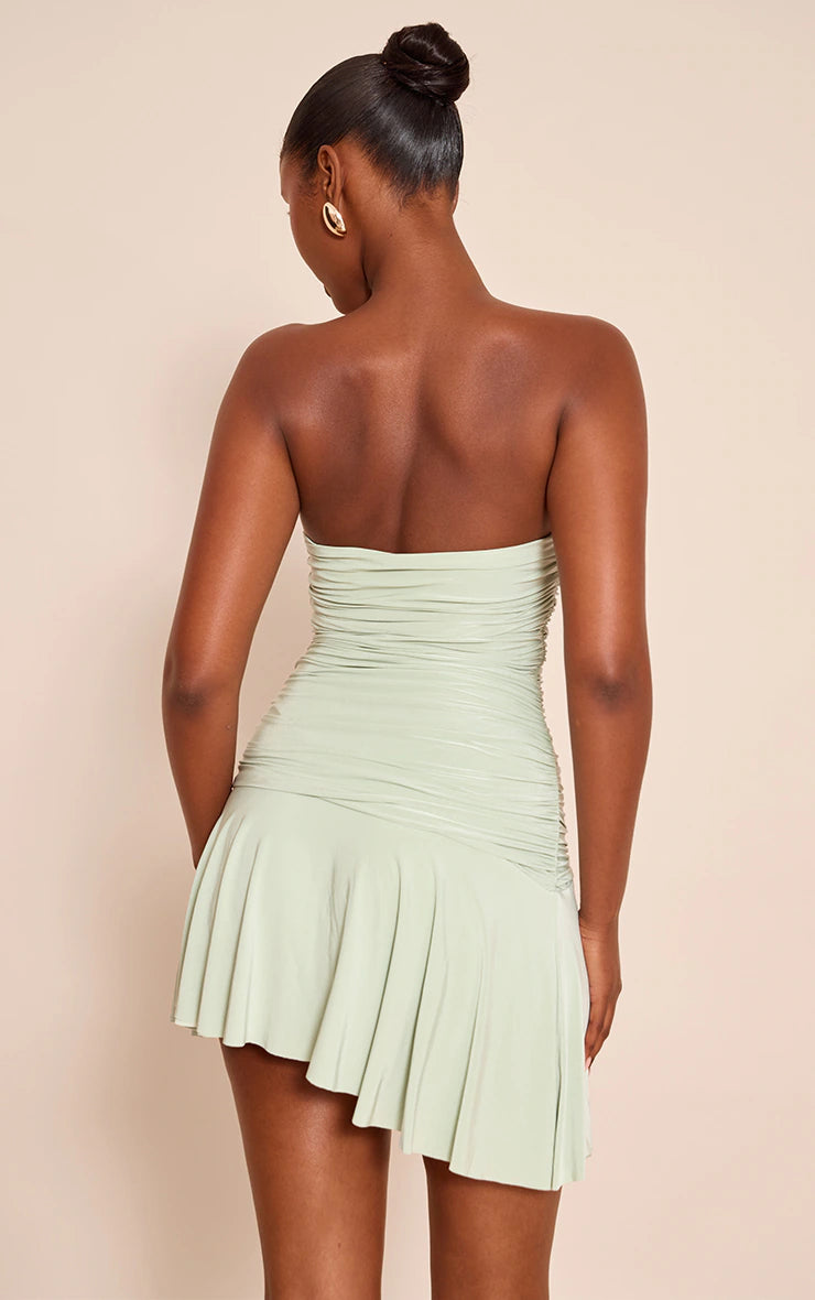 Sage Double Layer Slinky Bandeau Ruched Shift Dress